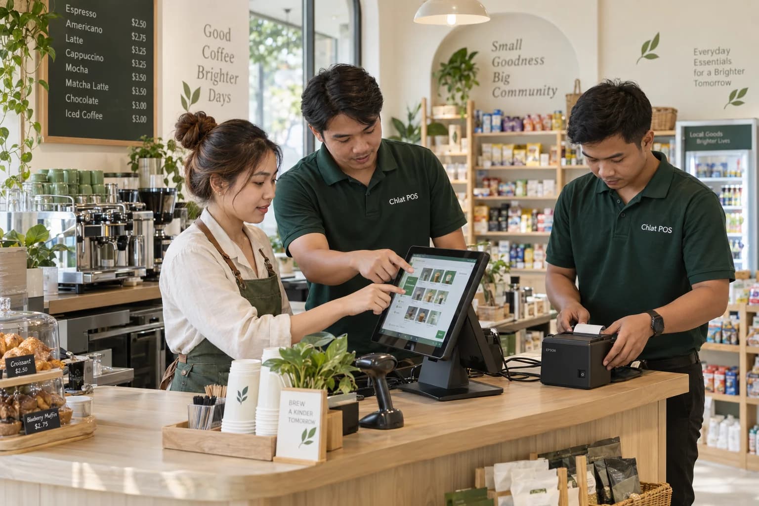 Two Chlat POS team members setting up a touchscreen POS and receipt printer at a café counter while the owner tries the menu screen